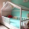 solid wood house shaped kids bed frame with drawer