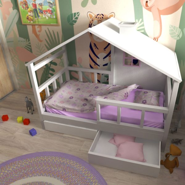 white solid wood house shape kids bed frame