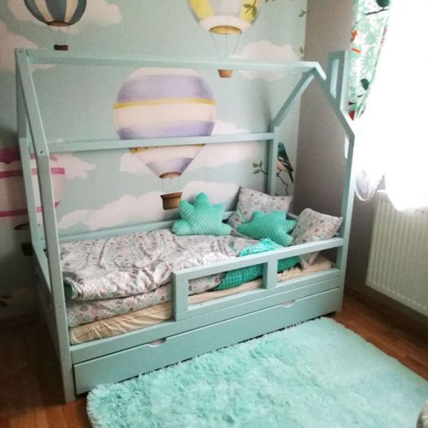 solid wood house shaped kids bed frame with drawers