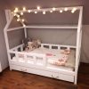 solid wood house shaped kids cot bed frame with drawer