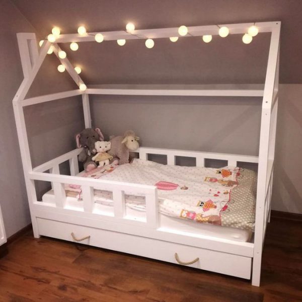 solid wood house shaped kids cot bed frame with drawer