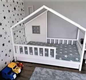 solid wood house shape kids cot bed white with drawer