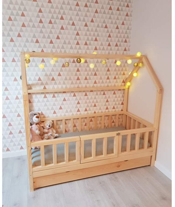 solid wood kids cot bed house shaped with wicket