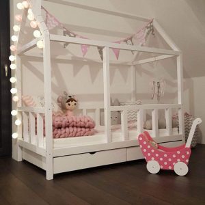 solid wood house shape kids cot bed with drawer