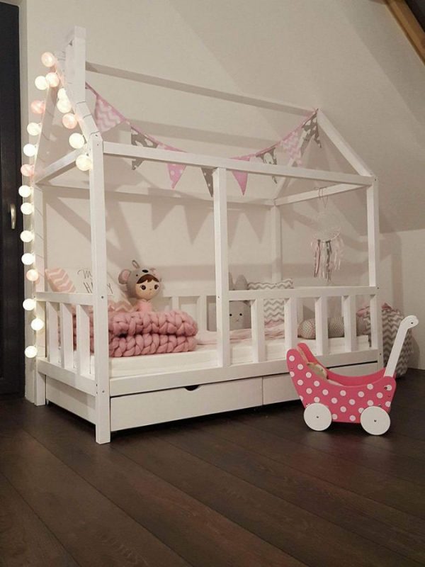 solid wood house shape kids cot bed with drawer