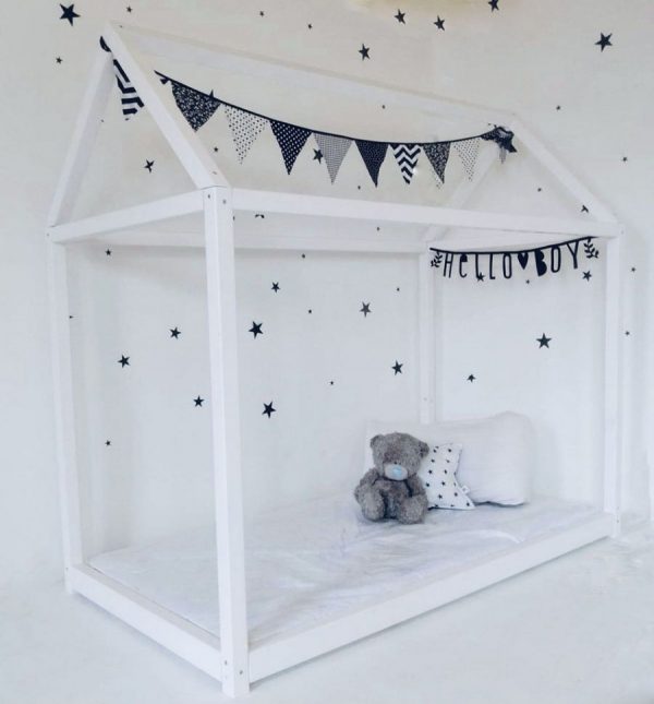 solid wood simple house shape bed white